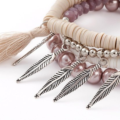 4Pcs Stretch Bracelets, with Polymer Clay Heishi Beads, Glass Pearl Beads, Iron Beads, Alloy Pendants and Cotton Thread Tassel, Feather & Tree, Antique Silver