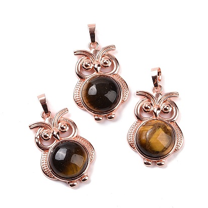 Gemstone Pendants, Owl Charms, with Rose Gold Tone Rack Plating Brass Findings