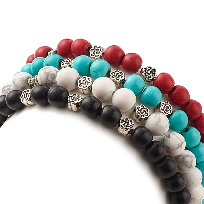Conjunto de pulseras elásticas de cuentas redondas de turquesa sintética (teñidas), joyas de piedra con cuentas de flores para mujer.