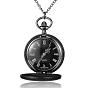 Flat Round Alloy Quartz Pocket Watches, with Iron Chains and Lobster Claw Clasps, 32.2 inch,Watch Head: 57x41x14mm, Watch Face: 32mm