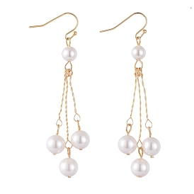 Dangle Earrings, with Shell Pearl Beads, Golden Plated Brass Earring Hooks and Copper Wire