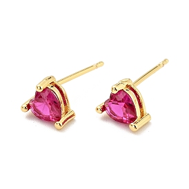 Deep Pink Cubic Zirconia Heart Stud Earrings, Brass Jewelry for Women, Cadmium Free & Nickel Free & Lead Free