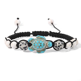 Adjustable Turquoise Turtle Bracelet with Natural Stone Beads and Wax Cord Weaving