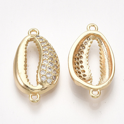 Brass Cubic Zirconia Links, Cowrie Shell Shape, Nickel Free, Real 18K Gold Plated