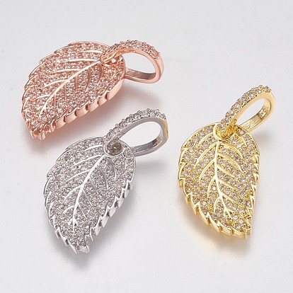 Brass Micro Pave Cubic Zirconia Pendants, Leaf