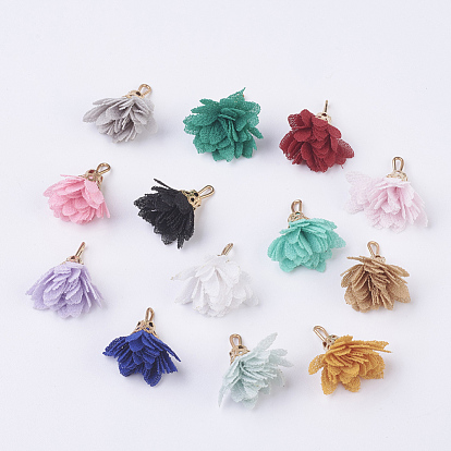 Cloth Flower Pendants Decoration, with Golden Tone Iron Findings