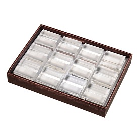 Plateaux de présentation de bijoux, bois et verre organique boîtes de présentation cuboïde, 12 compartiments, 180x250x35 mm, compartiment: sur 49x48x29 mm
