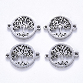 201 Stainless Steel Links Connectors, Laser Cut, Flat Round with Tree of Life
