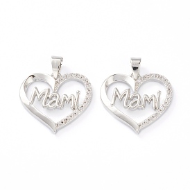 Brass Micro Pave Clear Cubic Zirconia Pendants, Long-Lasting Plated, for Mother's Day, Heart with Word Mami
