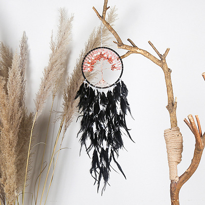 Iron Natural Rose Quartz Woven Web/Net with Feather Pendant Decorations, with Imitation Pearl Beads, Flat Round with Tree