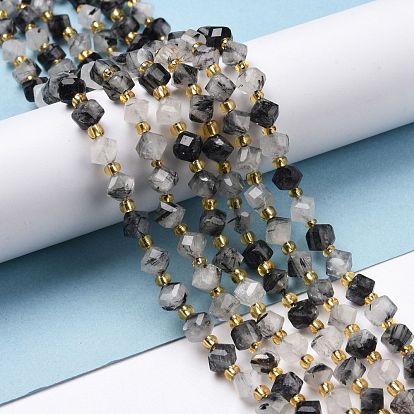Natural Tourmalinated Quartz Beads Strands, with Seed Beads, Faceted, Diagonal Cube Beads