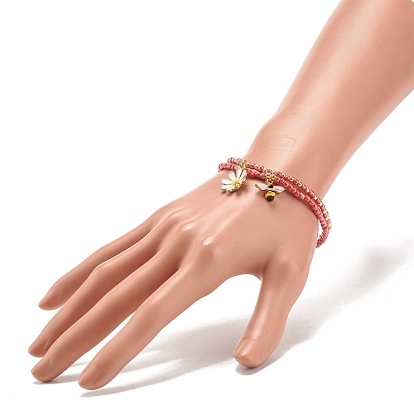 2 Ensemble de bracelets extensibles en perles de verre, alliage émail abeilles et bracelet à breloques fleurs pour femme