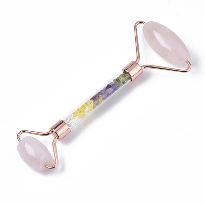 Natural Rose Quartz Massage Tools, Facial Rollers, with K9 Glass & Gemstone Chips & Zinc Alloy Findings
