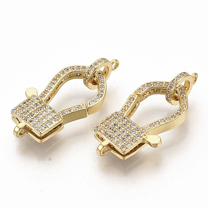 Brass Micro Pave Clear Cubic Zirconia Lobster Claw Clasps, with Tube Bails, Real 16K Gold Plated