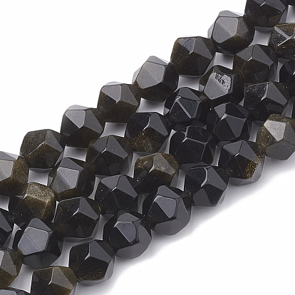 Natural Golden Sheen Obsidian Beads Strands, Star Cut Round Beads, Faceted