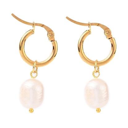 304 Stainless Steel Hoop Earrings, with Rice Natural Cultured Freshwater Pearl Beads, Golden