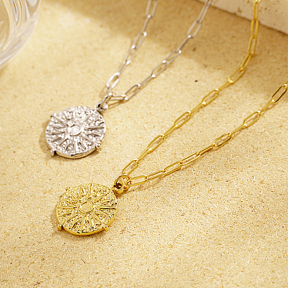 Stainless Steel Sun Pendant Necklaces, with Paperclip Chains