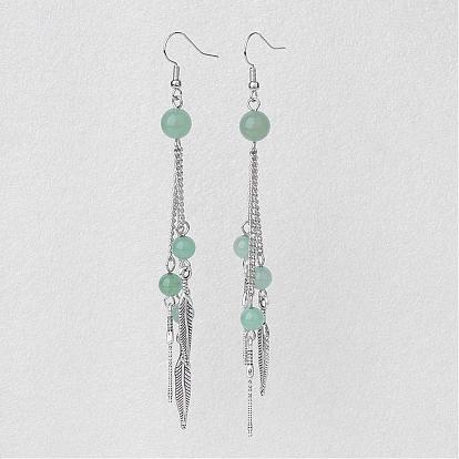 Natural Gemstone Dangle Earrings, Tassels Earrings, with Brass Earring Hooks, Feather