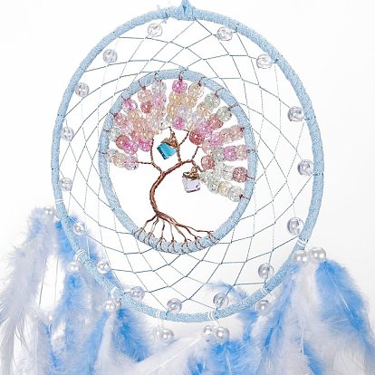 Iron & Brass Wire Woven Web/Net with Feather Pendant Decorations, with Plastic and Crackle Glass Beads, Covered with Leather Cord, Flat Round with Tree of Life