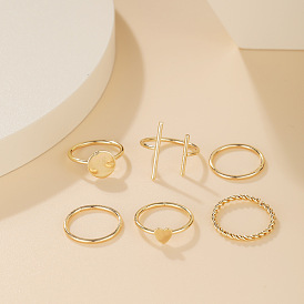 6-Piece Heart Ring Set - Creative Geometric Joint Rings in Cool-Toned Alloy