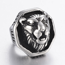 304 Stainless Steel Ring Beads, Large Hole Beads, Octagon with Lion