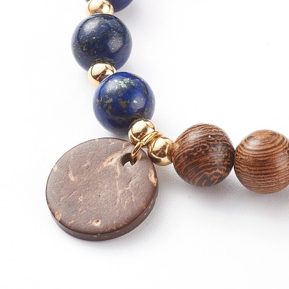 Wood Bead & Stone Bracelet, Mixed Gemstone, with Wood Jewelry Findings Flat Round Coconut Pendants,