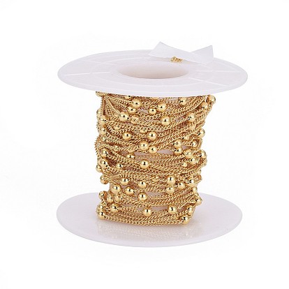 Brass Curb Chains Twisted Chains, with Round Beads, Long-Lasting Plated, Soldered, with Spool