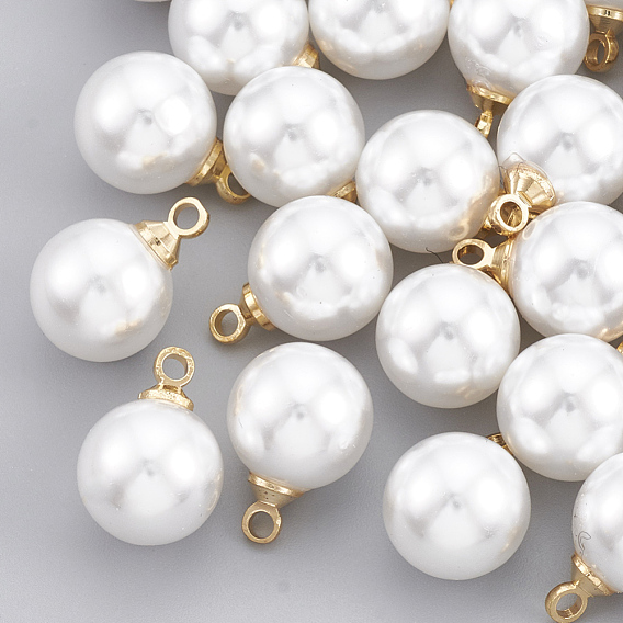 Breloques en plastique imitation perle abs, avec les accessoires en laiton, ronde, réel 18 k plaqué or