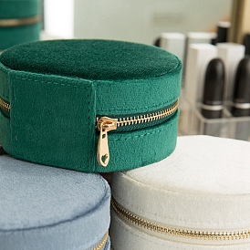 Round Velvet Jewelry Zipper Boxes, Portable Travel Jewelry Organizer Case, for Earrings, Rings, Necklaces Storage