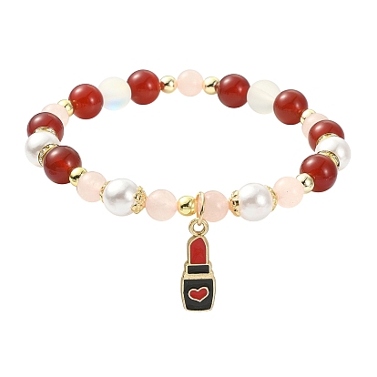 Natural & Synthetic Mixed Gemstone Round Beaded Stretch Bracelet, Alloy Charms Valentine's Day Theme Bracelet