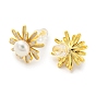 Brass Flower Stud Earrings with Natural Pearl, with 925 Sterling Silver Pins