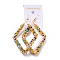 Big Rhombus Glass Seed Beads Dangle Earrings for Girl Women, Wire Wrap Iron Earrings, Golden