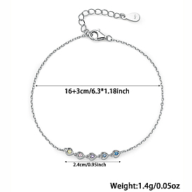Bracelets à maillons coeur zircon cubique, Bracelets en argent sterling plaqué rhodium pour femmes, chaînes câblées