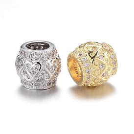 Brass Micro Pave Cubic Zirconia European Beads, Barrel, Large Hole Beads, Lead Free & Nickel Free, 8.5x8mm, Hole: 4mm