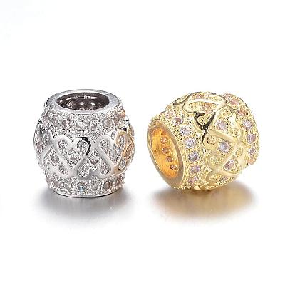 Brass Micro Pave Cubic Zirconia European Beads, Barrel, Large Hole Beads, Lead Free & Nickel Free, 8.5x8mm, Hole: 4mm