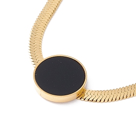 Collier pendentif rond plat coquillage synthétique noir avec chaînes à chevrons, placage ionique (ip) 304 bijoux en acier inoxydable pour femmes