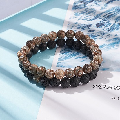 2 piezas 2 estilo roca de lava natural y ágata tibetana conjunto de pulseras elásticas con cuentas redondas, joyas de piedras preciosas de aceite esencial para mujeres