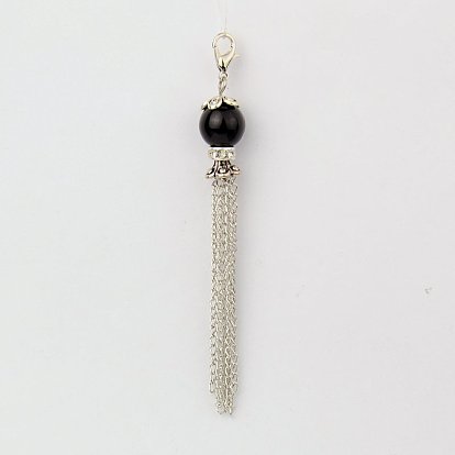 Perle en verre pendentif pompon décorations, avec des chaînes de fer, laiton perles de strass et de langoustine d'alliage fermoirs griffe, 90~95mm