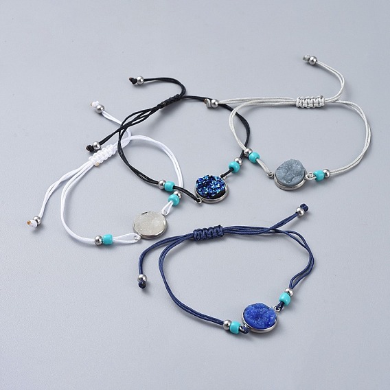 Bracelets de perles tressées en fil de nylon ajustable, avec des liens de résine druzy, perles de rocaille en verre et 304 découvertes en acier inoxydable