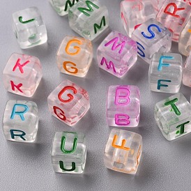 Transparent Clear Acrylic Beads, Horizontal Hole, Cube with Mixed Color Random Letter