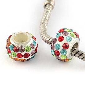 Handmade Polymer Clay Rhinestone European Beads, Large Hole Rondelle Beads, with Silver Color Plated Brass Single Cores