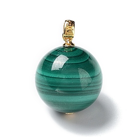 Natural Malachite Round Pendants, Sphere Charms with Golden Tone 925 Sterling Silver Findings