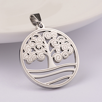 Ion Plating(IP) 304 Stainless Steel Pendants, Flat Round with Tree, 27x25x2mm, Hole: 6x4mm