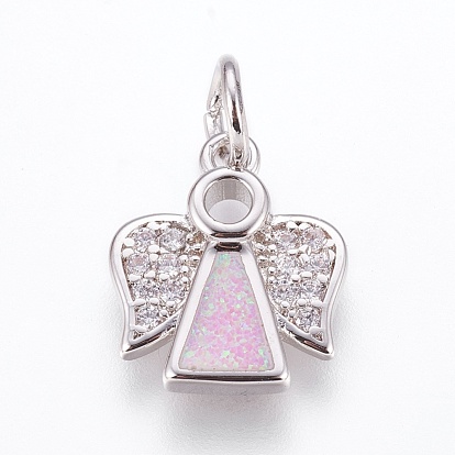 Brass Cubic Zirconia Pendants, with Synthetic Opal, Angel