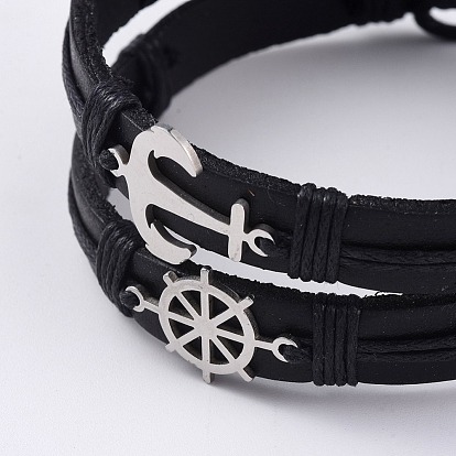 Cowhide Leather Cord Bracelets, Stackable Bracelets, with Waxed Cotton Cord and 201 Stainless Steel Findings, Anchor and Helm