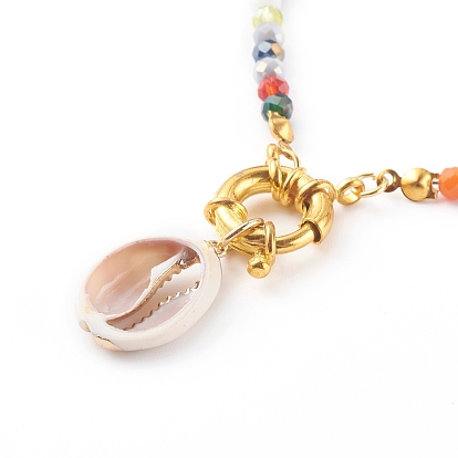 Natural Cowrie Shell Pendant Necklaces, with Rondelle Glass Beads and Brass Spring Ring Clasps, Golden