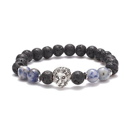 4Pcs 4 Style Natural & Synthetic Mixed Gemstone Stretch Bracelet Sets, Lion & Owl & Elephant & Buddha Alloy Beaded Bracelets for Women