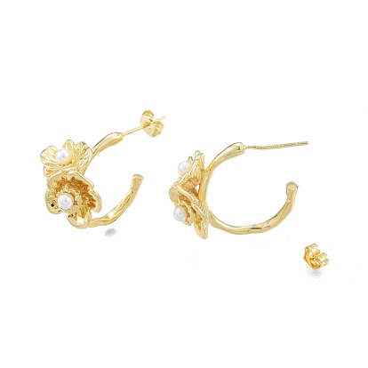 ABS Plastic Imitation Pearl Flower Stud Earrings, Brass Half Hoop Earrings for Women