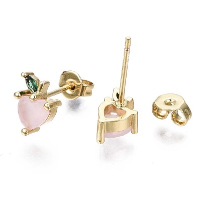 Brass Micro Pave Cubic Zirconia Stud Earrings, with Cat Eye and Ear Nuts, Cadmium Free & Nickel Free & Lead Free, Heart, Pink