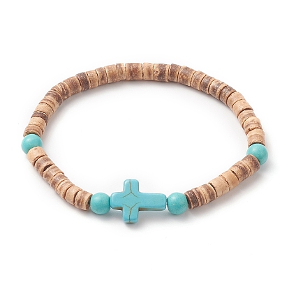 Bracelet extensible en perles turquoises synthétiques teintées de noix de coco et de croix pour hommes femmes